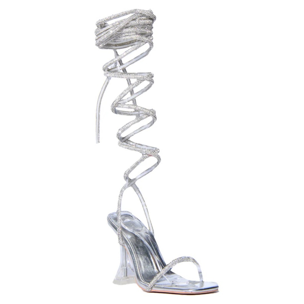 Azalea Wang Silver Crystal Wrap Pyramid Heels